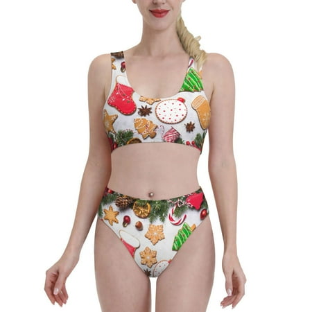 Bixox Christmas Gingerbread Cookies Pattern Two-Piece Sports Bikini with U-Shaped Top and High-Waist Bottom - Women s Swimwear with Removable Bra Pads