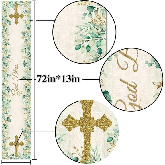 God Bless Table Runner First Holy Communion Baptism Christening Party Decorations Green and Gold Kitchen Home Decor (13.8" x 71")