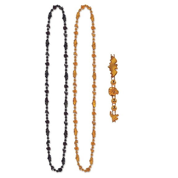 Beistle Set of 24 Assorted Black and Orange Halloween Beaded Necklaces 36"
