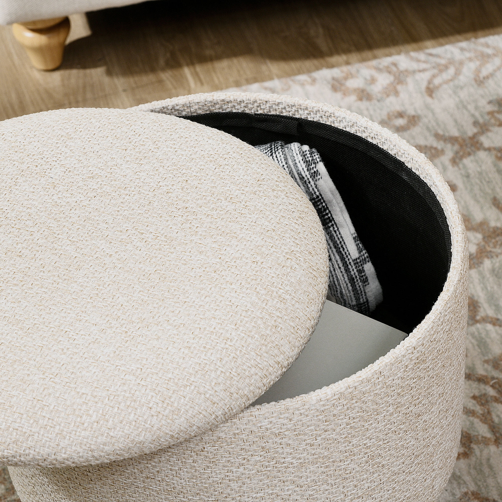 HOMCOM Storage Ottoman, Round Footstool with Linen Feel Fabric Upholstery, Removable Top, Hidden Space and Wood Legs for Living Room, Cream White