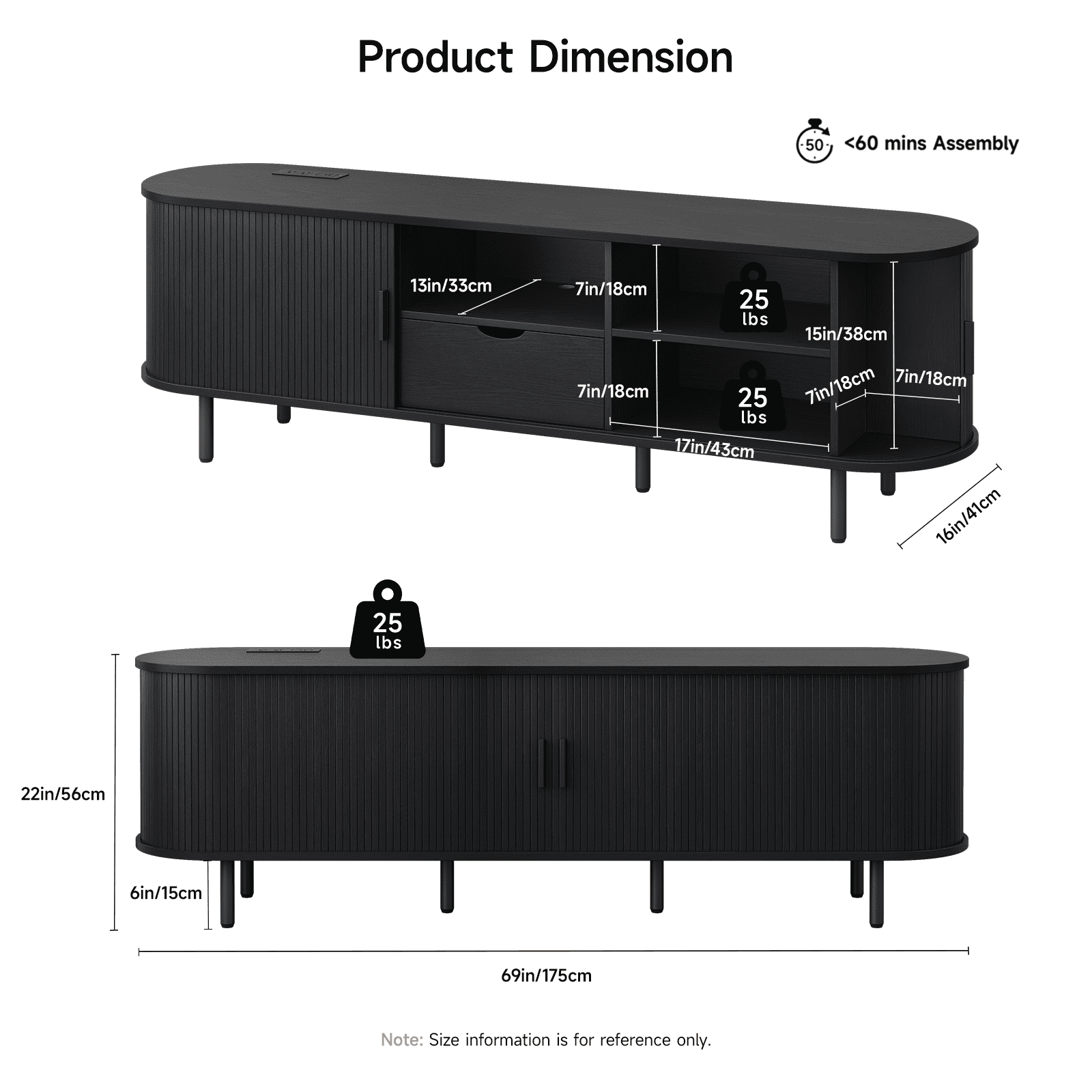 ROGALIS 69 Inch TV Stand features a built-in power outlet is Compatible with up to 80 inches TVs, Includes ample storage, drawers, adjustable shelves, and a sliding door design, black