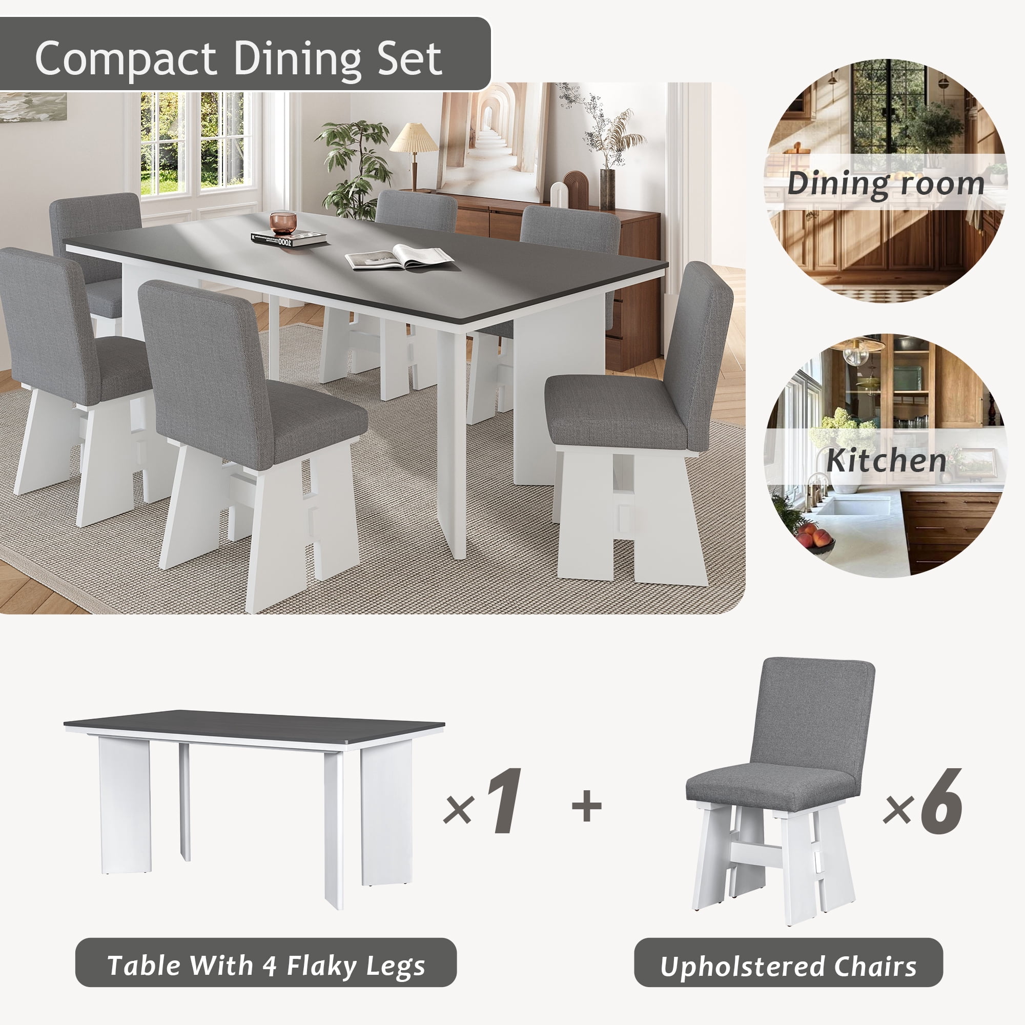MAYEERTY Modern 7-Piece Dining Table Set with 6 Upholstered Chairs, Dark Gray,White