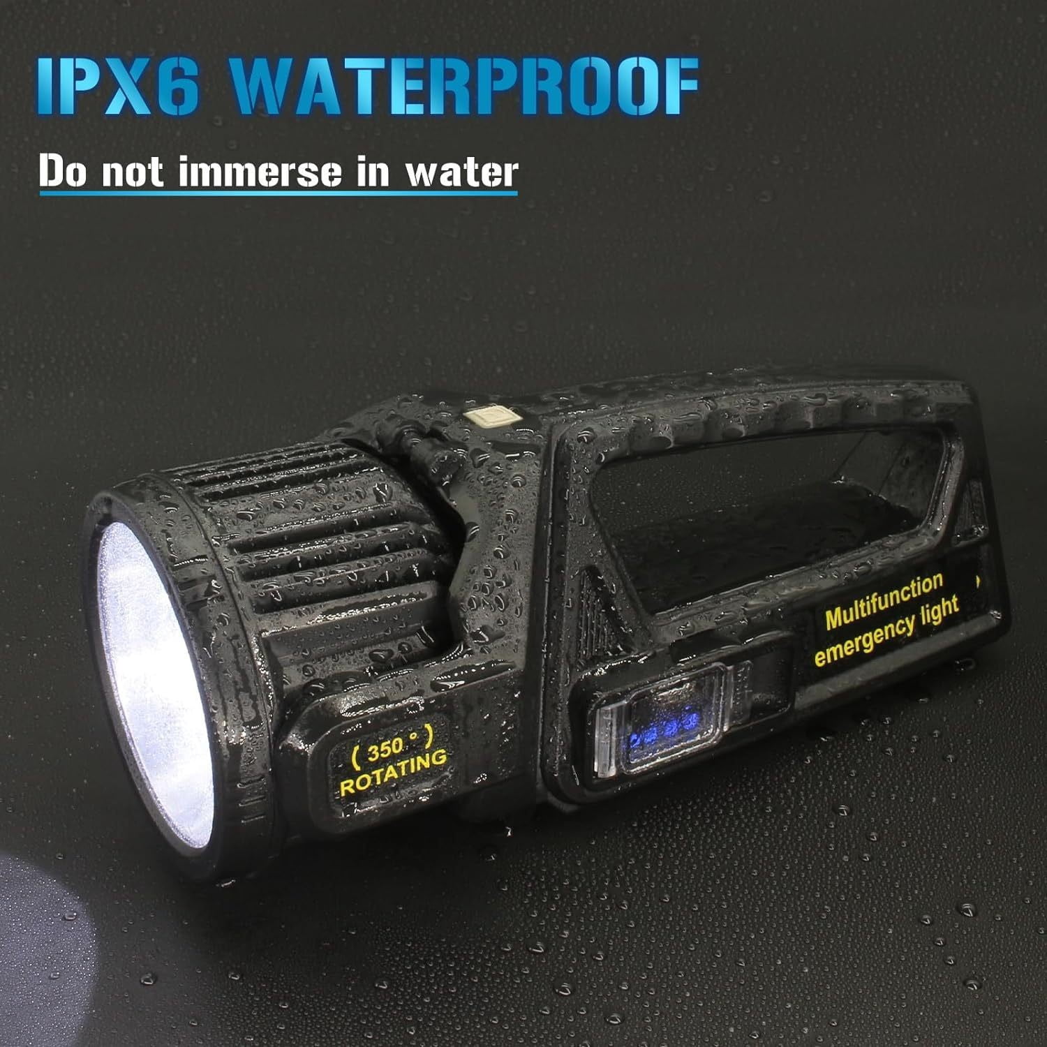 OUOYYO Rechargeable Bright Flashlight 350° Rotating Solar Charging Searchlight Outdoor Waterproof High Power Camping Lantern Portable Emergency Work Lights