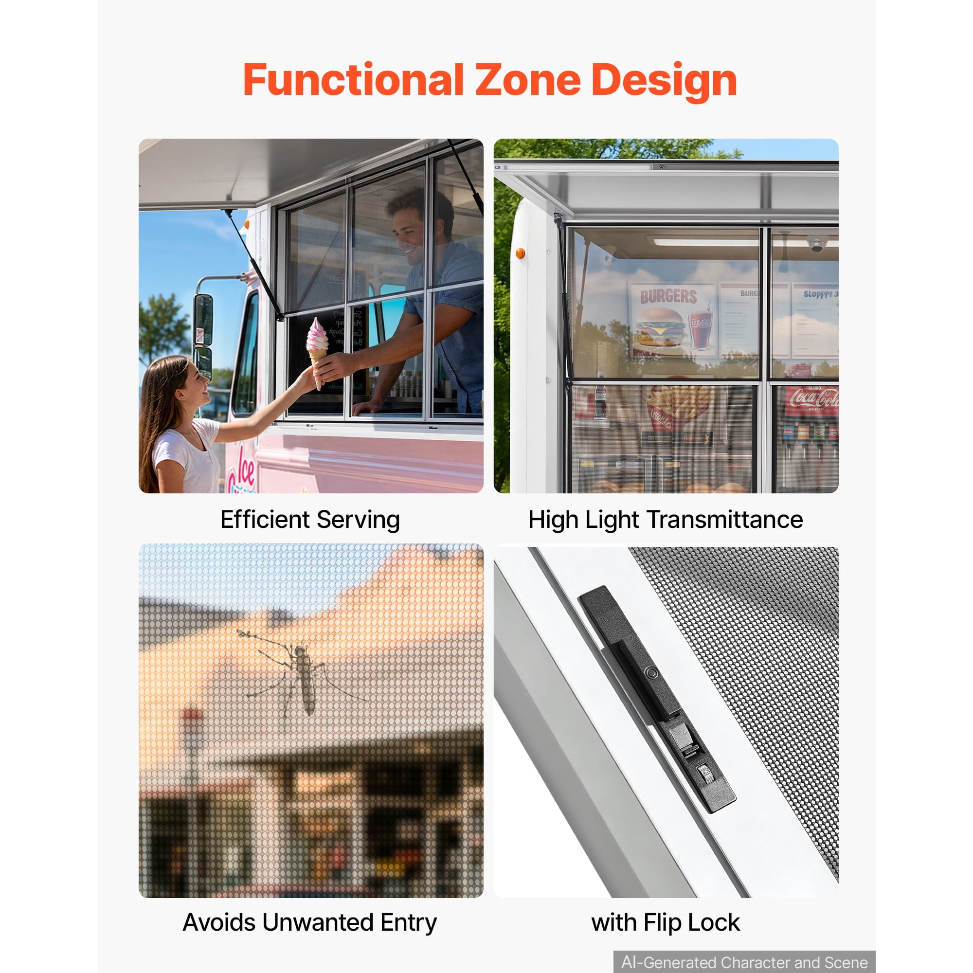 KFFKFF Concession Window 64x40 in Aluminum Alloy Service Window, Designed for Food Trucks, Features 3 Fixed & 3 Sliding Panels, Awning Door with Drag Hook, and Water-Resistant Construction