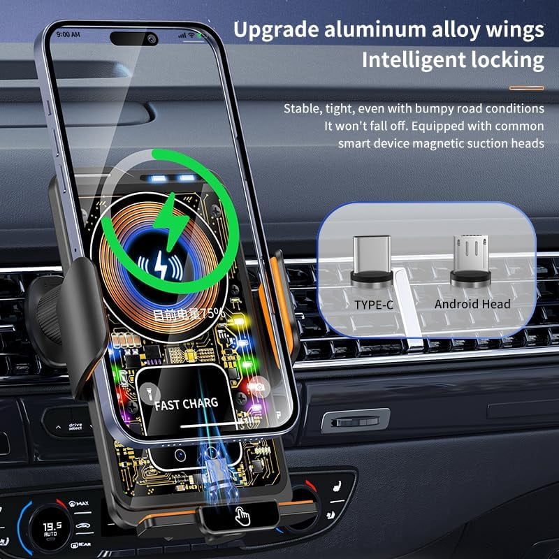 Wireless Car Charger & Phone Mount - 15W Auto-Clamping Air Vent Holder for iPhone 16/15/14, Samsung Galaxy S24/S23/S22, etc，66W High Power with Magnetic Suction Adapter (Transparent White)