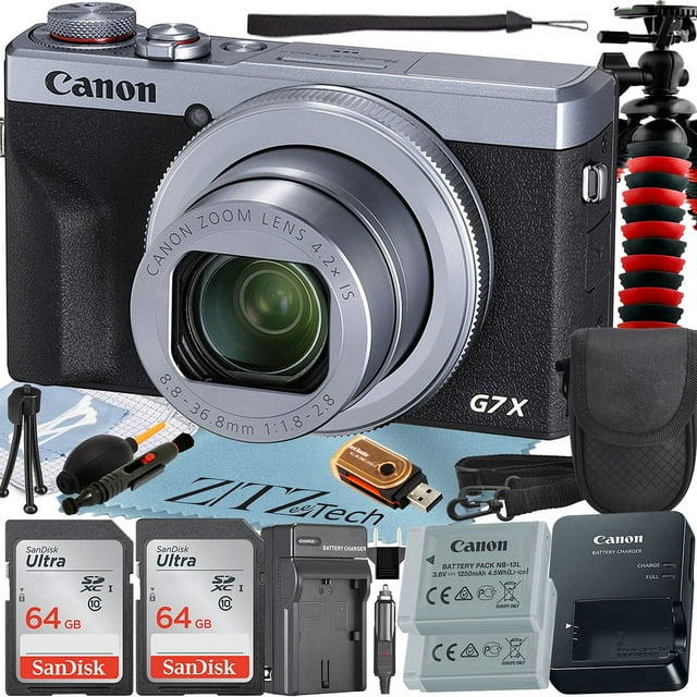 Canon PowerShot G7 X Mark III Digital Camera (Silver) with 2 Pieces SanDisk 64GB Memory Card + Case + Tripod + ZeeTech Professional Bundle