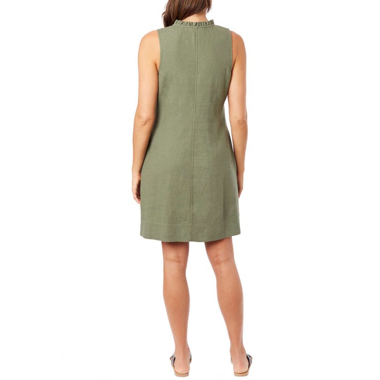 Briggs Women's Ruffle Trim V-Neck Linen Blend Side Pockets Mini Dress Green / S