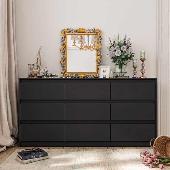 Timechee 63"W 9 Drawer Dresser Accent Dresser for Living Room Bedroom Chest Black