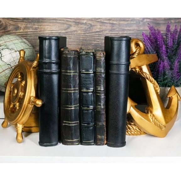 Nautical Coastal Home Decor Ship Anchor And Captain's Helm Wheel Bookends Set