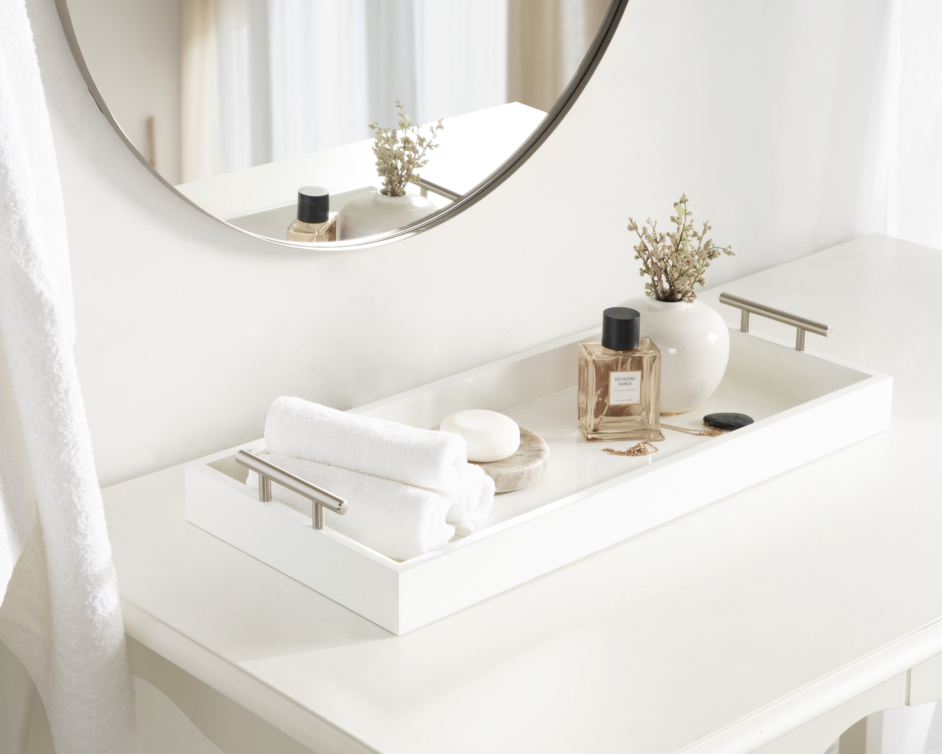Kate and Laurel Lipton Narrow Decorative Tray, 10 x 24, White and Silver, Chic Accent Tray for Display and Storage