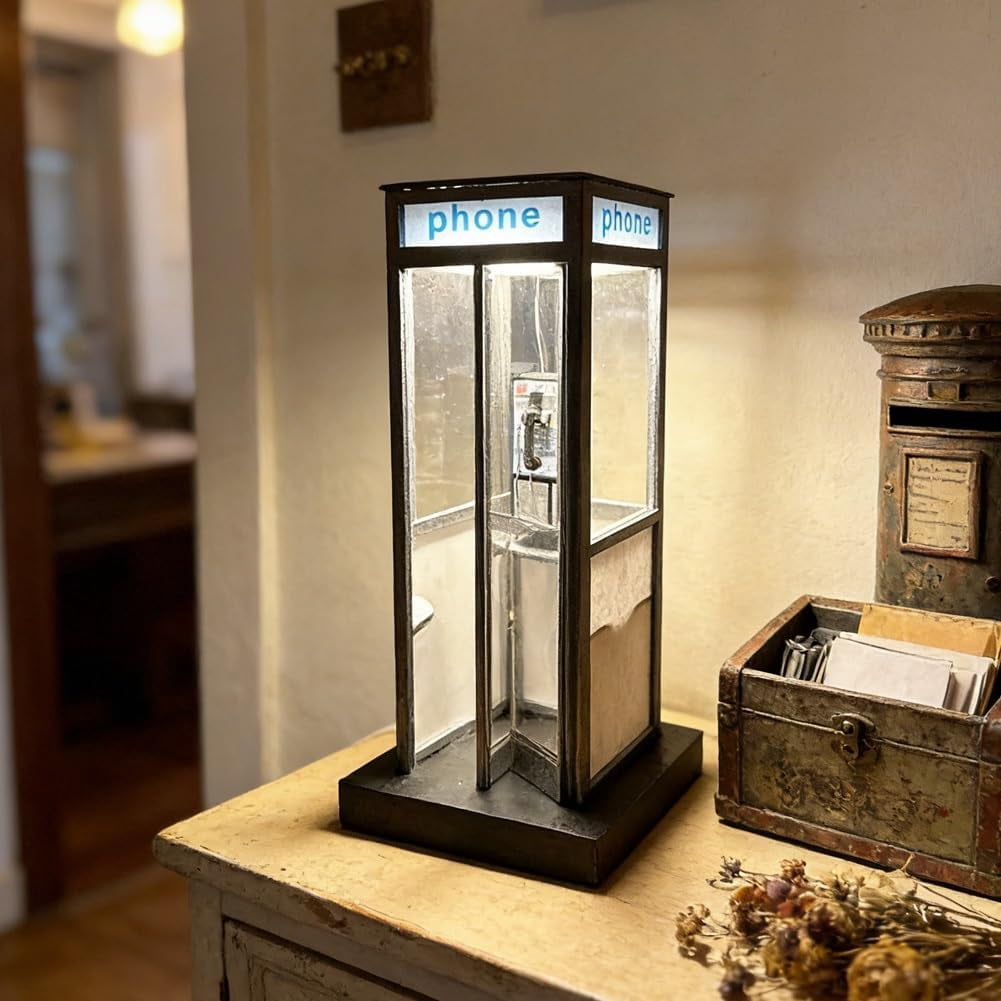 Retro Vintage Phone Booth Table Lamp, Tall Telephone Box Decorative Night Light with Warm LED Light for Bedroom Office Desk, Classic Phonebooth Lamp Home Decor Gift for Living Room Study