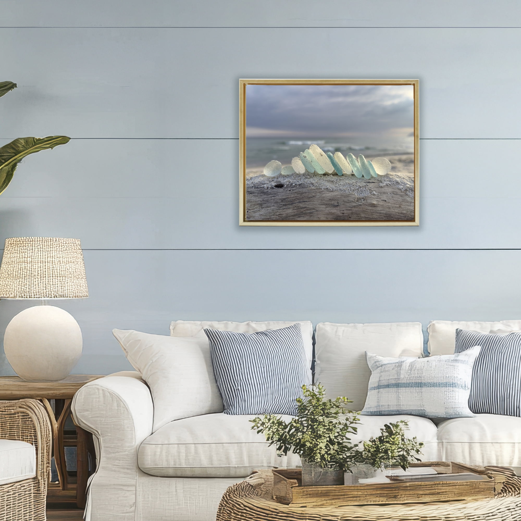 Stupell Industries Sea Glass On Driftwood Gold Framed Floater Canvas Wall Art, design by LMarie Allen