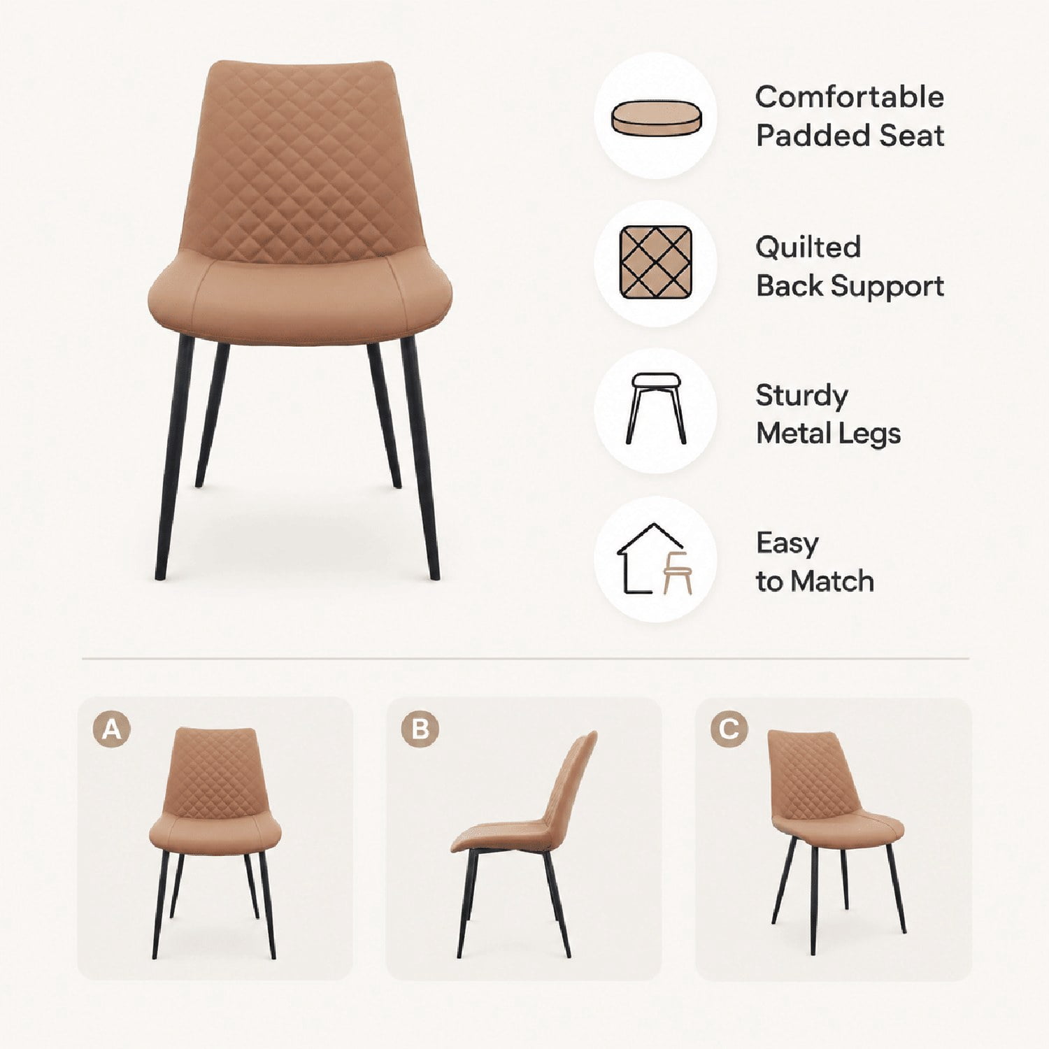 Modern PU Leather Dining Chairs, Set of 2, Foam-Padded Faux Leather Seat with Metal Frame, Diamond-Quilted Upholstery for Dining Room, Kitchen, Living Room