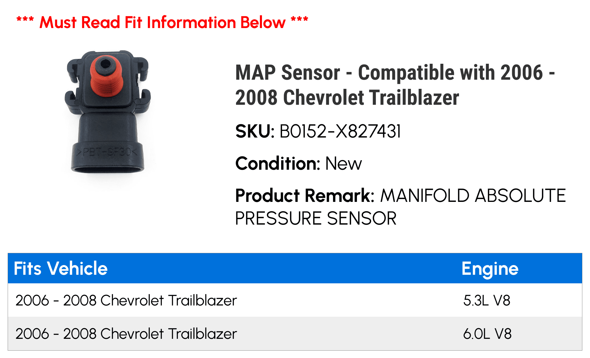 MAP Sensor - Compatible with 2006 - 2008 Chevy Trailblazer 2007