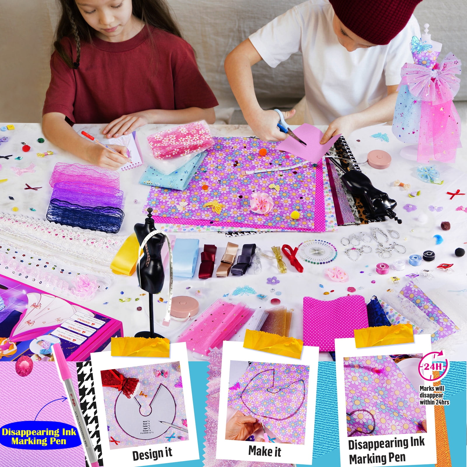 Axirata 600+PCS Fashion Designer Kit for Girls Creativity DIY Arts & Crafts  Kit for Kids with Fashion Design Sketchbook, 4 Mannequins, Sewing Kit for