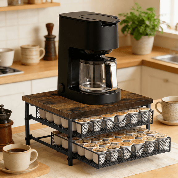 Coffee Stand Organizer with Drawers, 72-Capacity Coffee Powder Capsule Storage Box, Black Metal and Wood Storage Rack