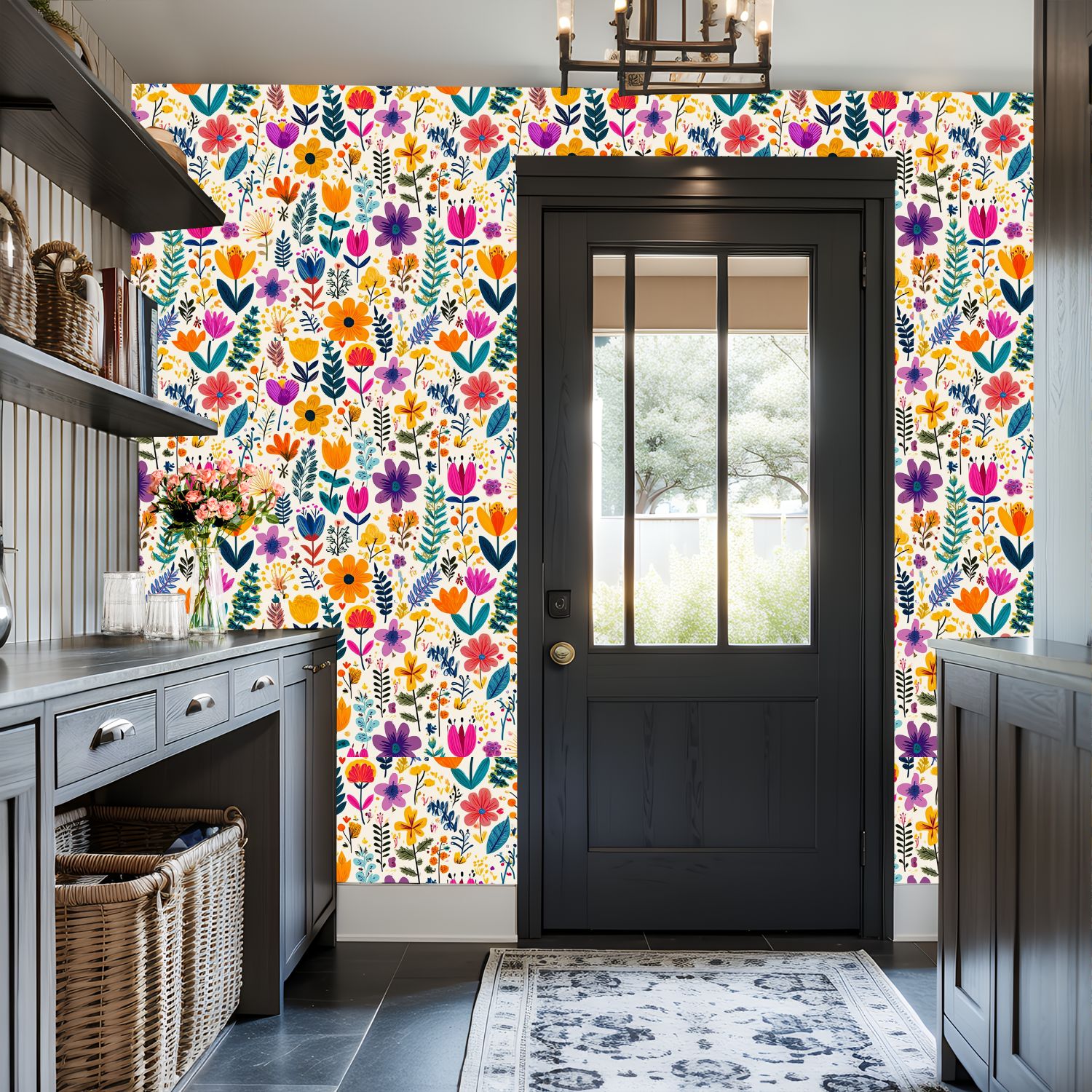Peel and Stick Wallpaper 17.7in x 9.8ft Colorful Hand Drawn Floral Vibrant Flowers Leaves Light Contact Paper Vinyl Self-Adhesive Removable Wall Paper for Bedroom Kitchen Cabinet Renter Friendly
