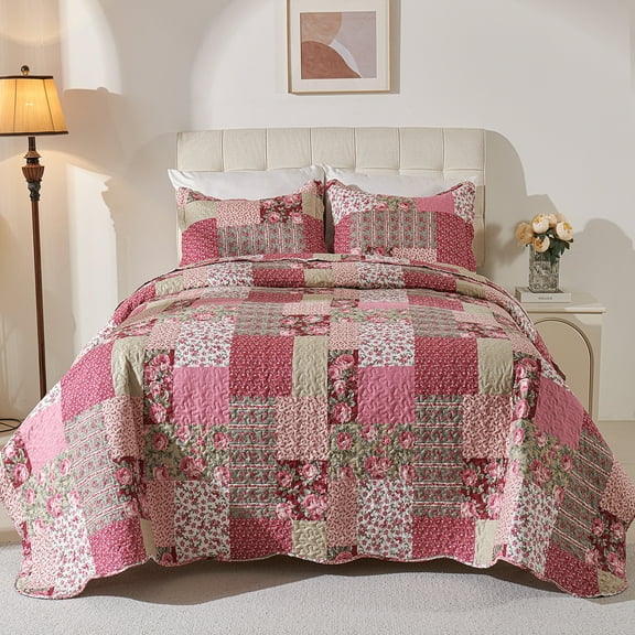 Evenhug Quilts 3-Piece King Bedding Set Red Patchwork Floral Quilt Set With Shams