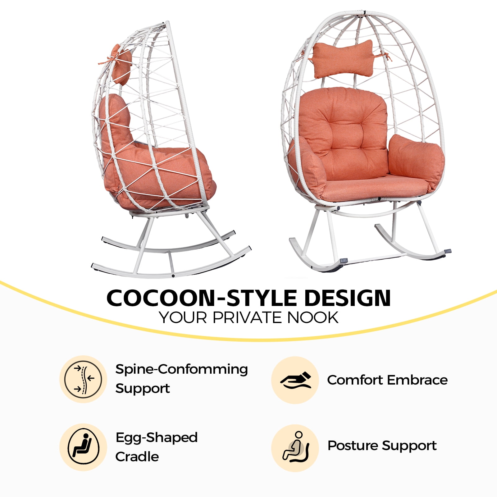 Foldable PE Wicker Egg Rocking Chair 330LBS, Cocoon Lounge Rocker with Thick Cushion & Pillow, Weather Resistant Rattan Single Chair for Patio Balcony Bedroom Living Room
