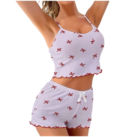 GUACER Ribbed Knit Pajama Sets for Women Bow Print & Scallop Trim Soft Cami & Shorts Sleepwear for Bed & Lounge