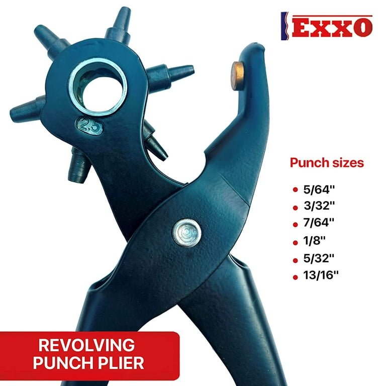 EXXO TOOLS Revolving Punch Plier - Leather Hole Punch Rivet Hole Puncher  for Crafts Belt Straps Fabric Plastic Rubber Cardboard Leather Punch Tool  Hand Tools (5/64, 3/32, 7/64, 1/8, 5/32, 13/16) 