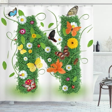 Ambesonne Letter N Shower Curtain, Daisy Butterfly Garden, 69"Wx75"L, Green Multicolor