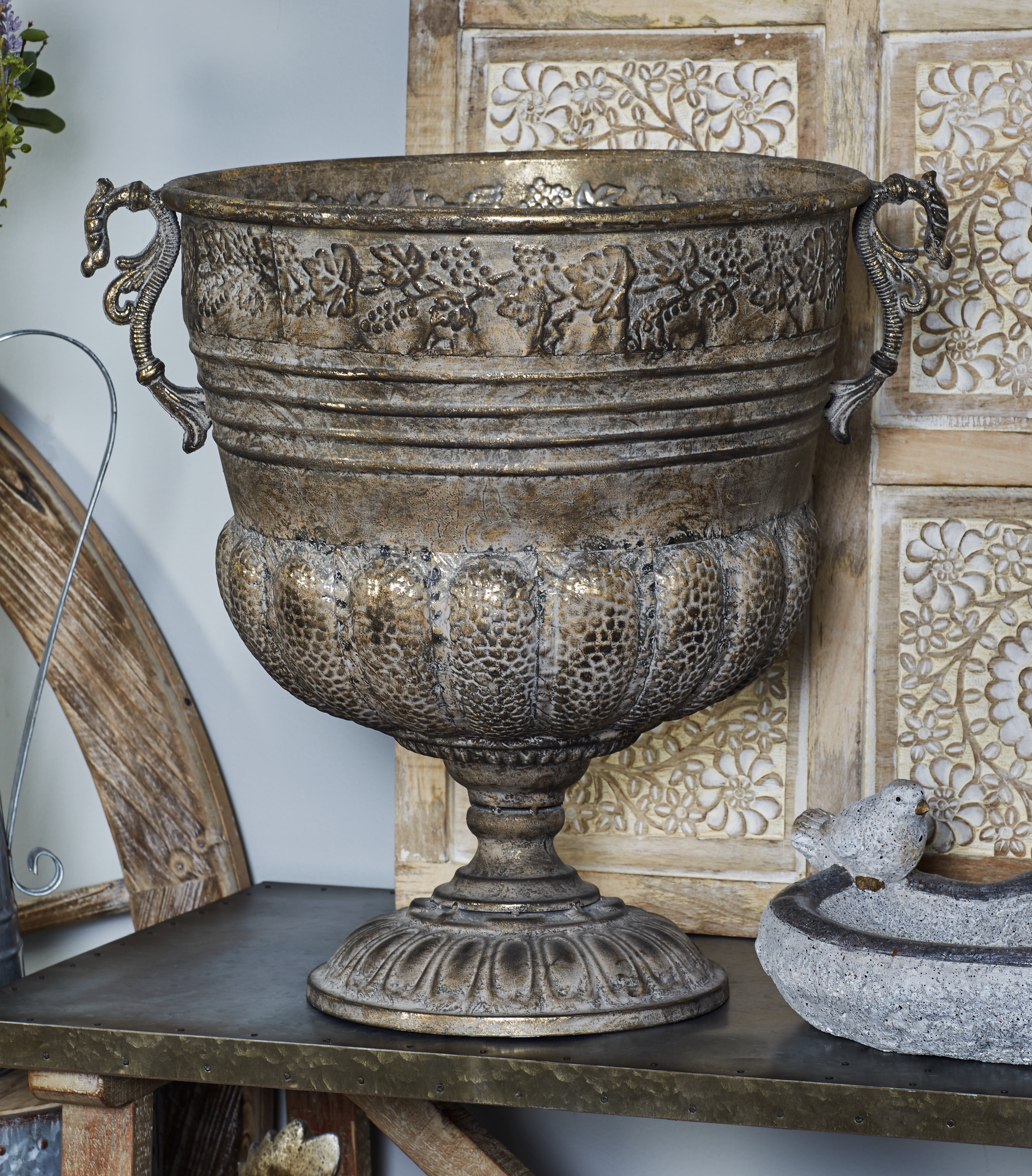 DecMode Large, Round, Antique Style Gold Metal Urn Planter with