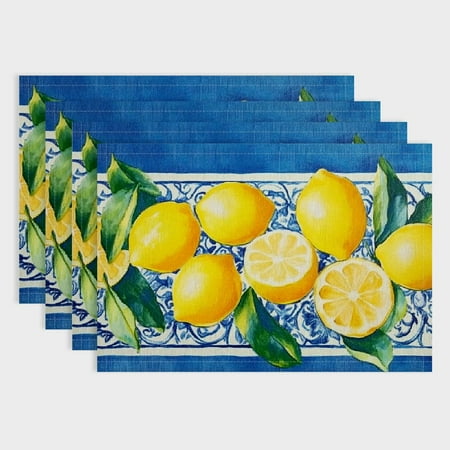 

Pratyus 4pcs Lemmons Blue Background Linen Cloth Table Placemats for Dining - Set of 4 Hard Paper Mats for Parties Christmas Buffets - Heat Resistant & Easy to Clean 18x12in
