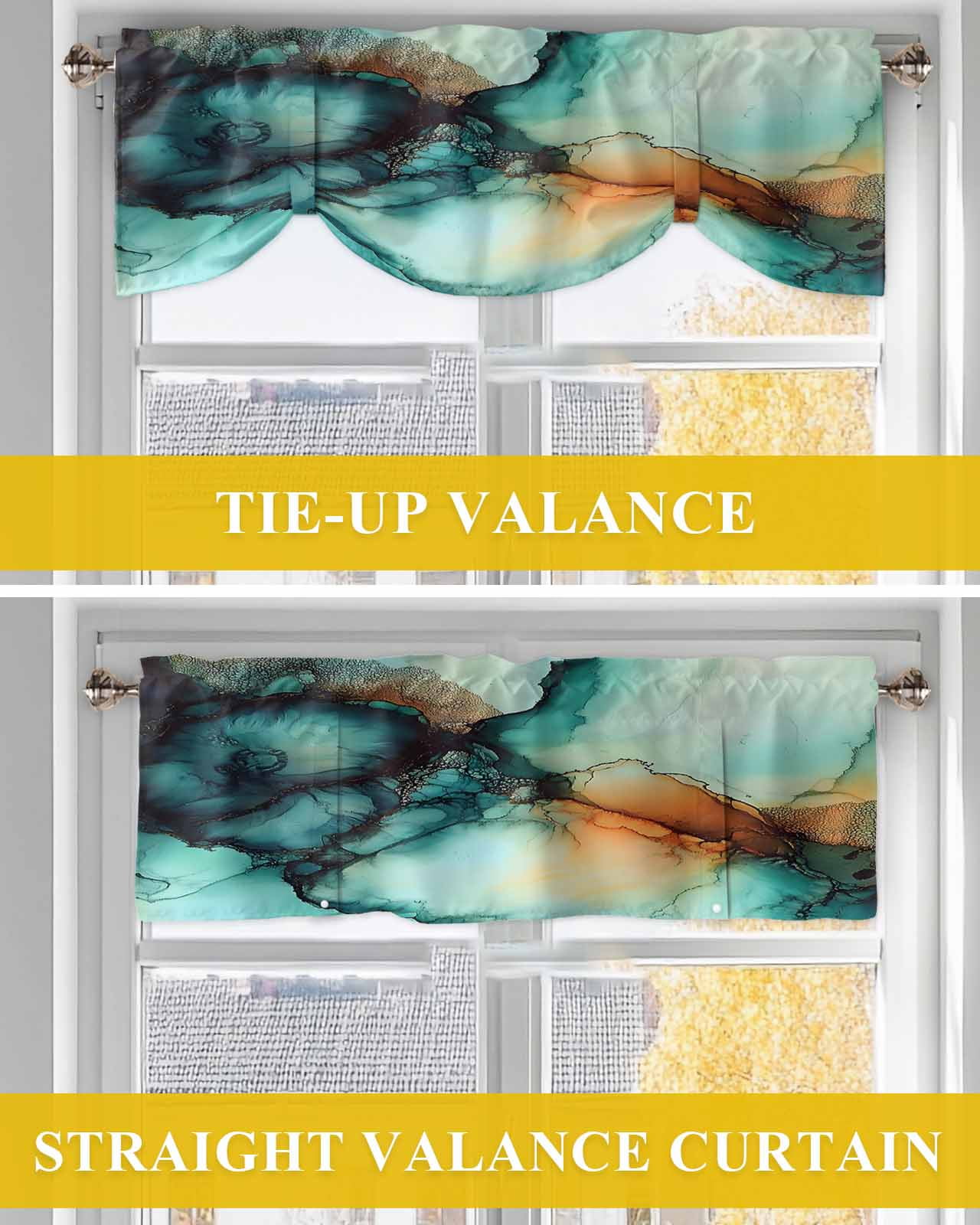 Abstract Water Ripple Art Tie Up Valances Curtain, Teal Green Orange Marble Texture Kitchen Valances for Windows Decor, Rod Pocket Short Curtains Set for Bedroom/Bathroom, 54"x18"