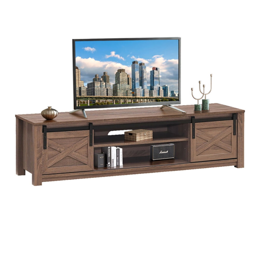 Finihen TV Stand, TV Cabinet, 65 Inch Flat Sliding Barn Door TV Stand, Media Entertainment Center with Storage, for Living Room, Bedroom, Walnut