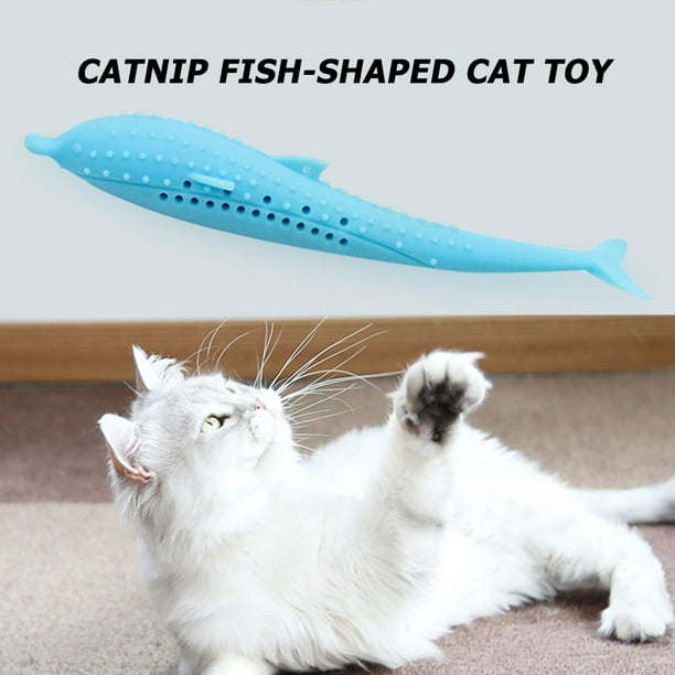 Jinveno Cat Toothbrush Fish Toy Catnip Silicone Teeth Cleaning Molar Stick Blue