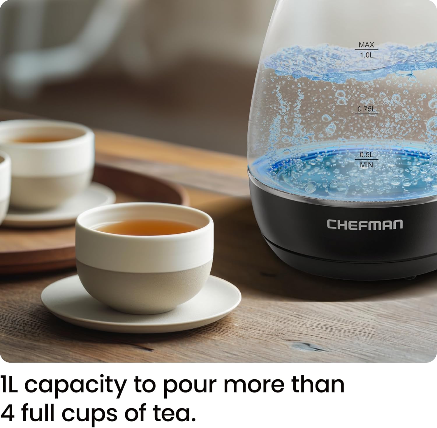 Chefman 1-Liter Electric Glass Kettle with LED Indicator, Black photo 2