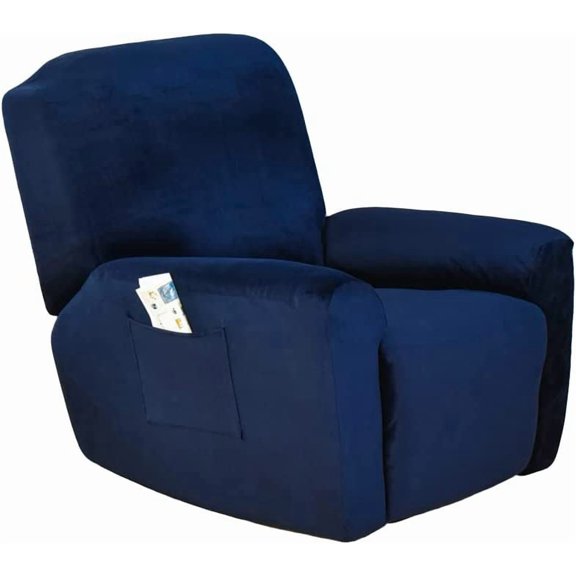 Stretch Recliner Chair Covers, 4-Piece Recliner Slipcovers Velvet Lazyboy Recliner Cover Soft Reclining Chair Couch Cover Furniture Protector with Pocket (Dark Blue)
