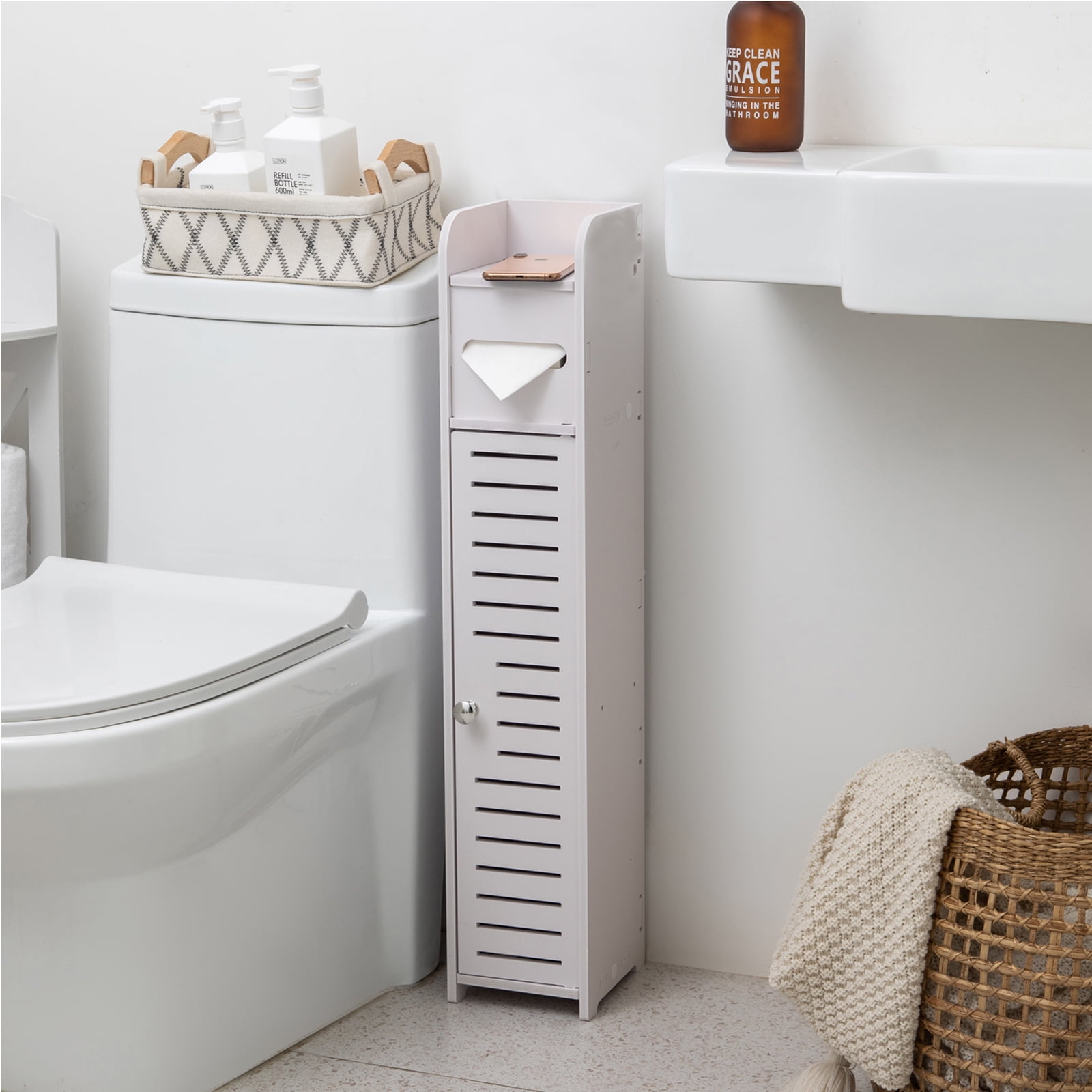  Forzater Narrow Bathroom Storage Cabinet, Slim Toilet Paper  Storage Cabinet for Small Spaces, White Waterproof Bathroom Furniture  Holding for Daily Use : Home & Kitchen