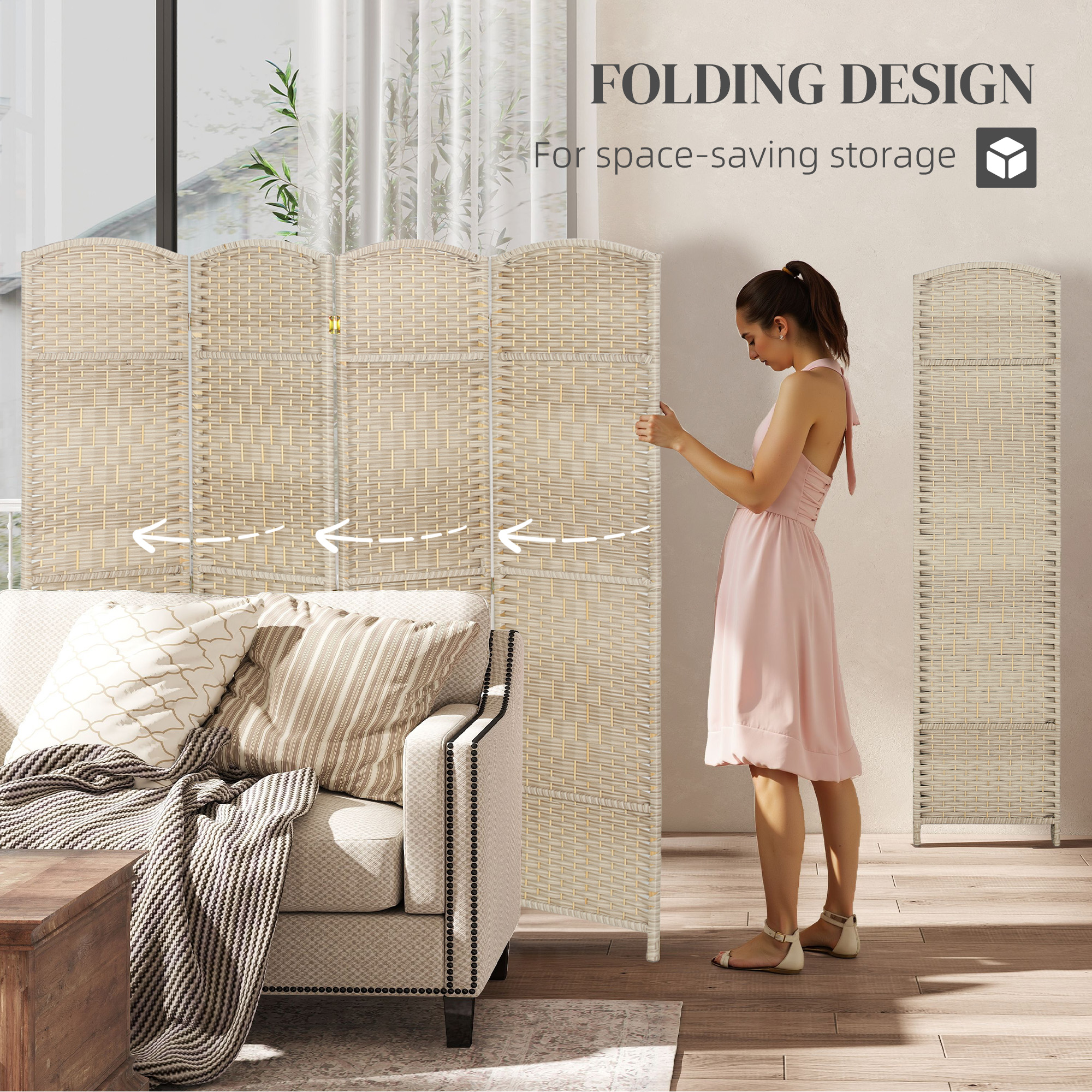 HOMCOM 4 Panel Room Divider, 6' Tall Folding Privacy Screen, Hand-Woven Freestanding Wood Partition for Home Office, Bedroom, Washed Oak