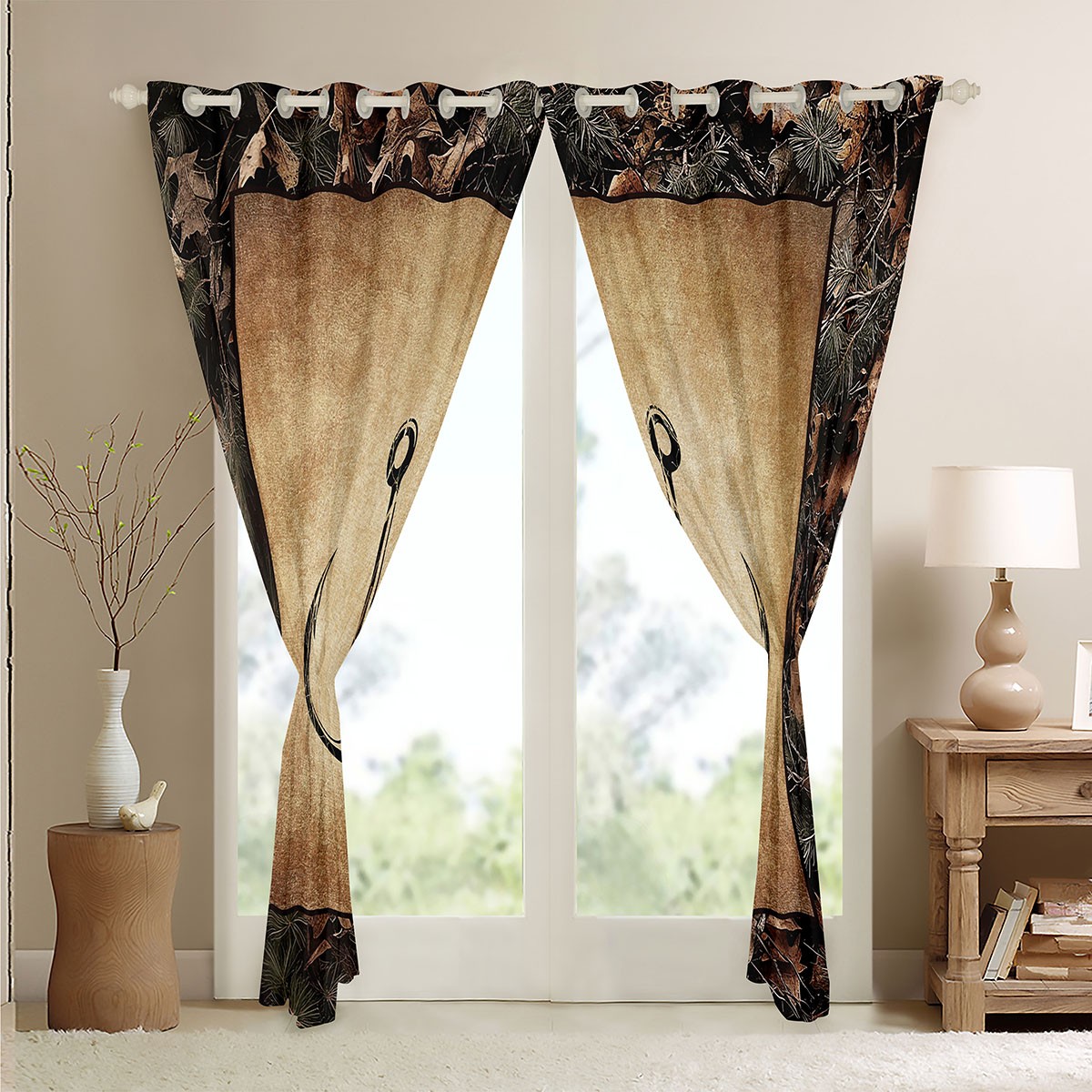 Camo Fish Hook Curtains & Drapes 38"Wx45"L Rustic Lake Fishing Window Curtains Gifts Men Fisherman,Farmhouse Cabin 30%-50% Blackout Curtains Retro Country Curtains 2 Panels