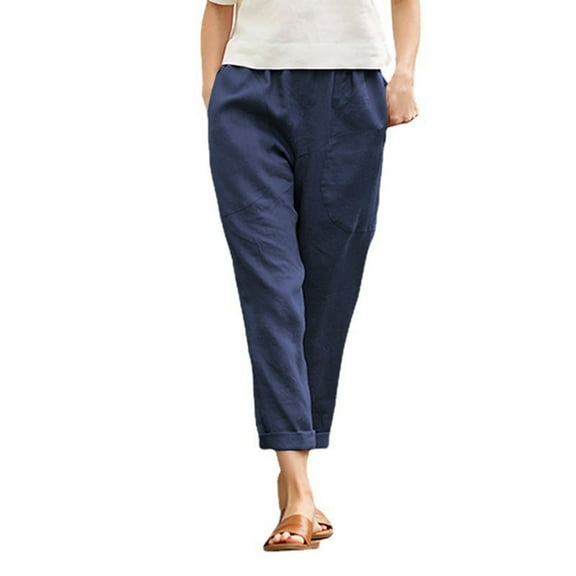 Women Cotton Pocket Cropped Straight Leg Crop Pants Ladies Casual Long Loose Pant Slacks Cozy Daily Female Bottoms Navy 3XL