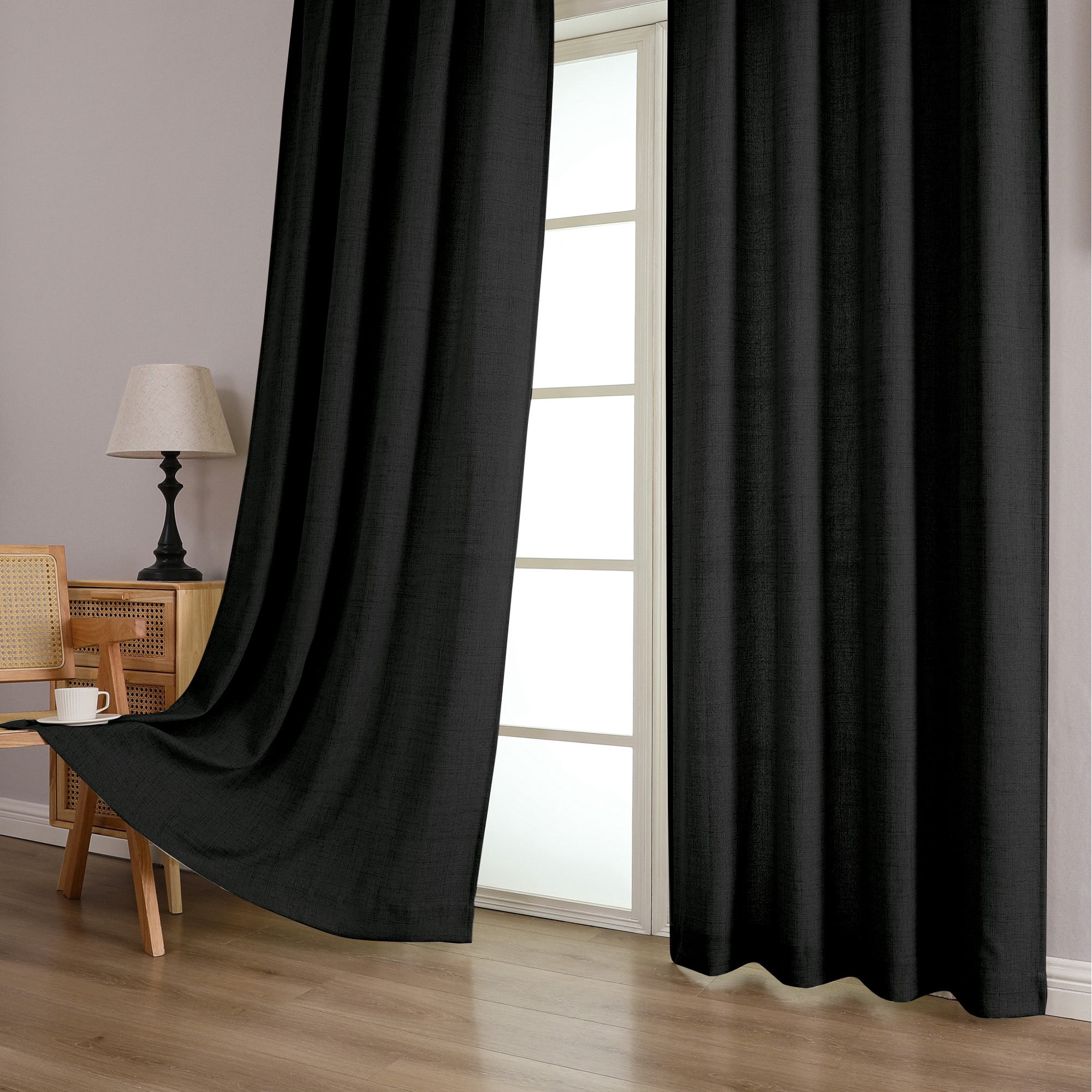 OVZME Judy Black Curtains 84 Inches Long 2 Panels, Light Filtering Faux Linen Textured Window Curtains for Living Room, Soft Airy Farmhouse Bedroom Curtain, Each 42Wx84L, Black