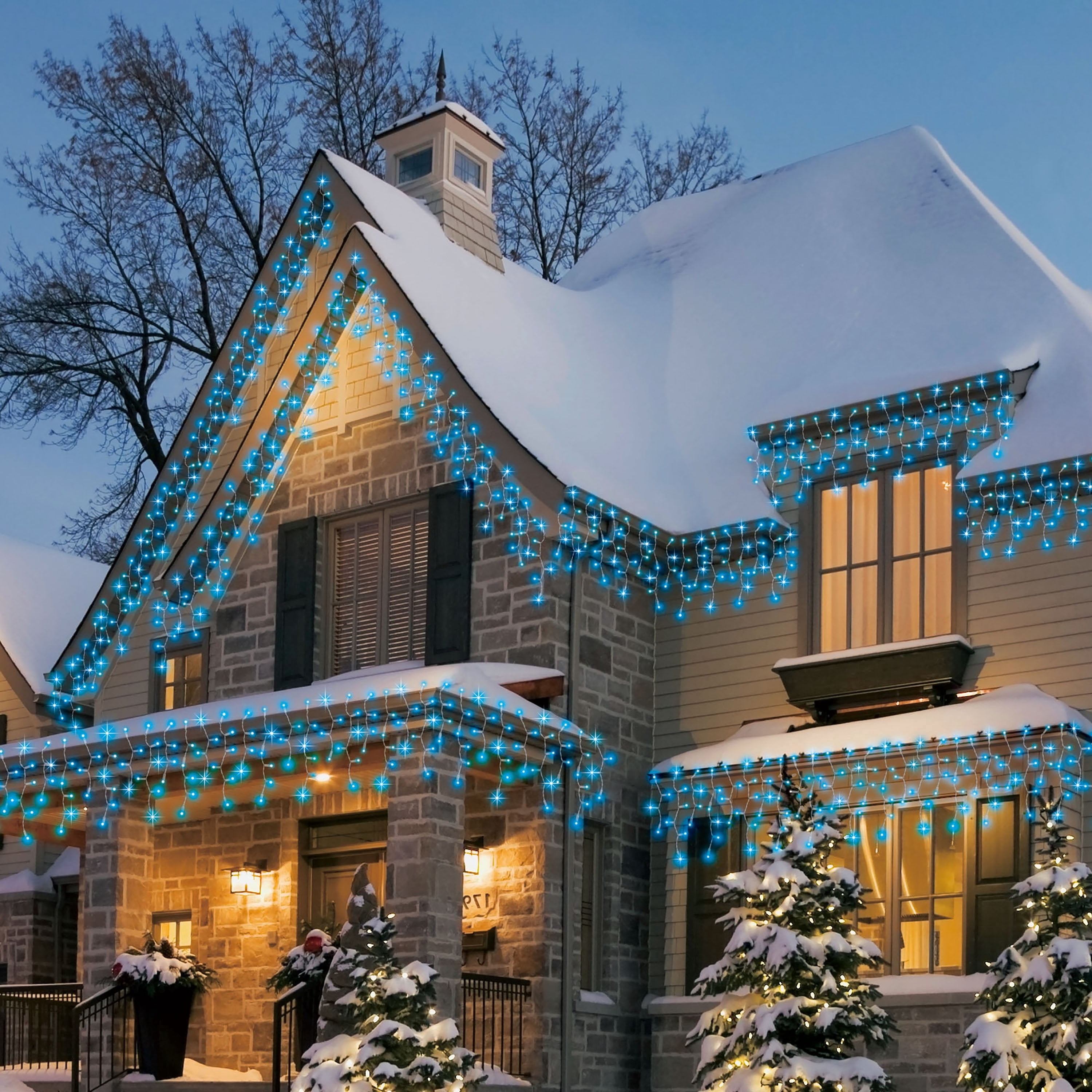 Indoor/Outdoor 200-Count LED 8-Function Sync Christmas Icicle Lights, Blue, White Wire, 24', by Holiday Time