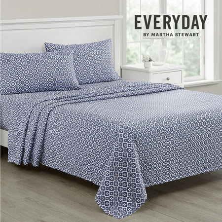Martha Stewart Everyday Ultra Soft Washed Microfiber Queen College Dorm Sheets, 4 Piece Set, 1 Fitted, 1 Flat & 2 Pillowcases, Deep Pocket, Durable & Lightweight Bedding, Veda Floral Medallion Navy
