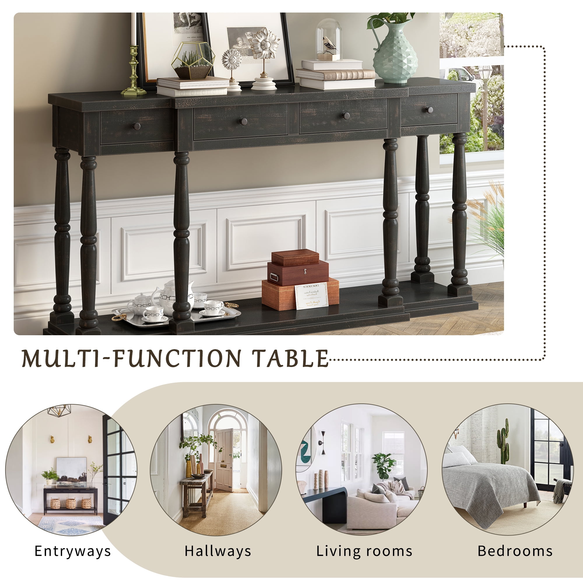 EUROCO 63" Longer  Console Table Sofa Table for Entryway with 4 Drawers and Storage Shelf for Living Room Hallway Foyer Office, Antique Black