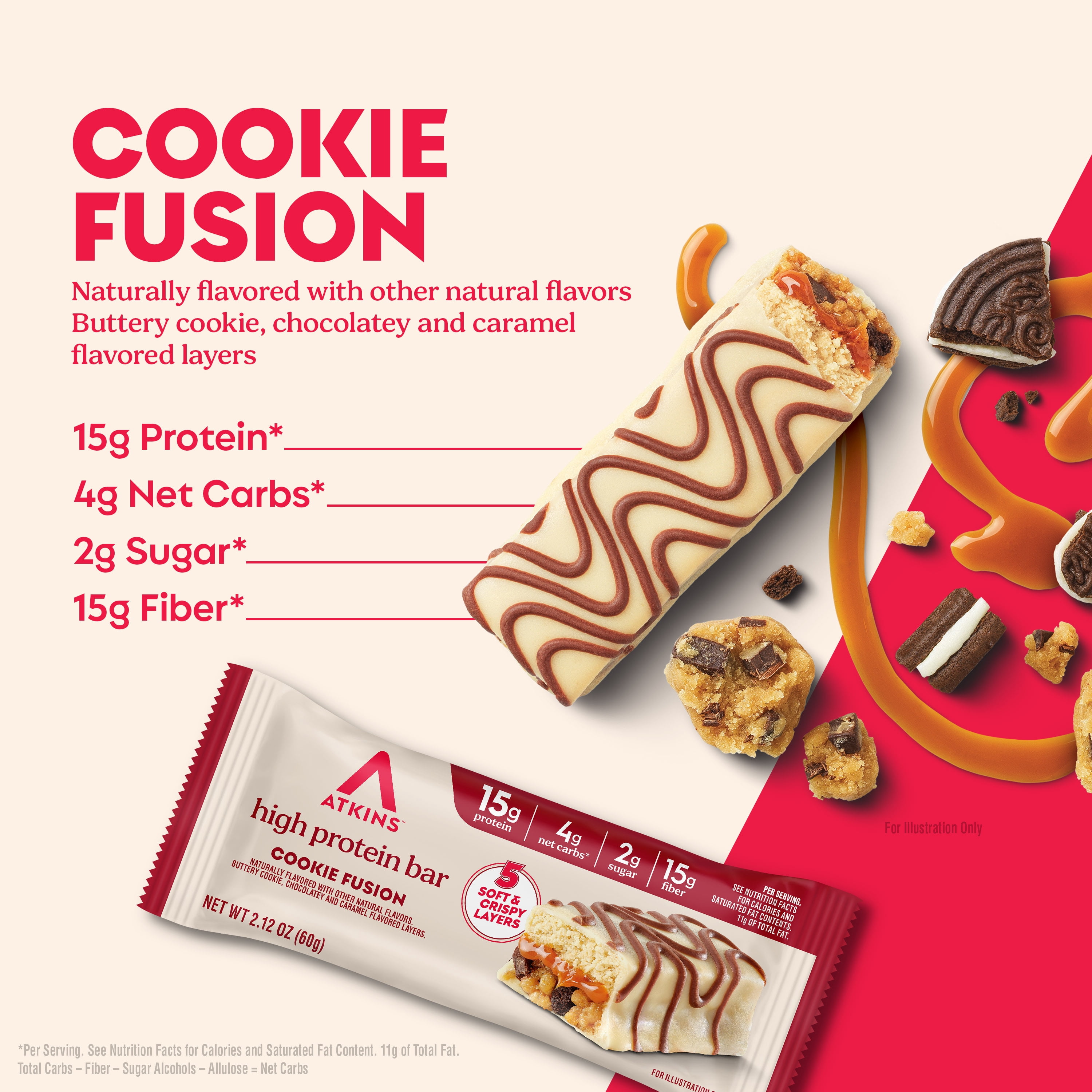 Atkins High Protein Bars, Cookie Fusion Flavor, 15g of Protein, 4g Net Carbs, Keto Protein Bars, Low Sugar, 4 Count