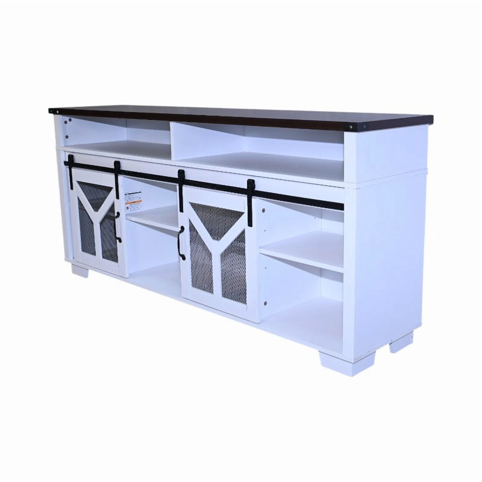 65.3 Inch TV Stand with LED Light Strips and Iron Mesh Barn Doors, Y Decorative Strip White and Black Walnut Color Farmhouse Entertainment Center for 75 Inch TV