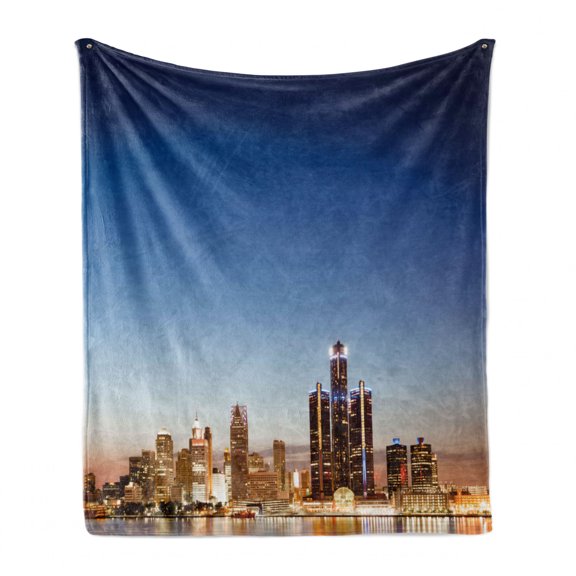 Detroit Soft Flannel Fleece Blanket, Michigan Skyline at Twilight Waterfront Lively City Serene Calm Travel Destination, Cozy Plush for Indoor and Outdoor Use, 50" x 70", Multicolor, by Ambesonne