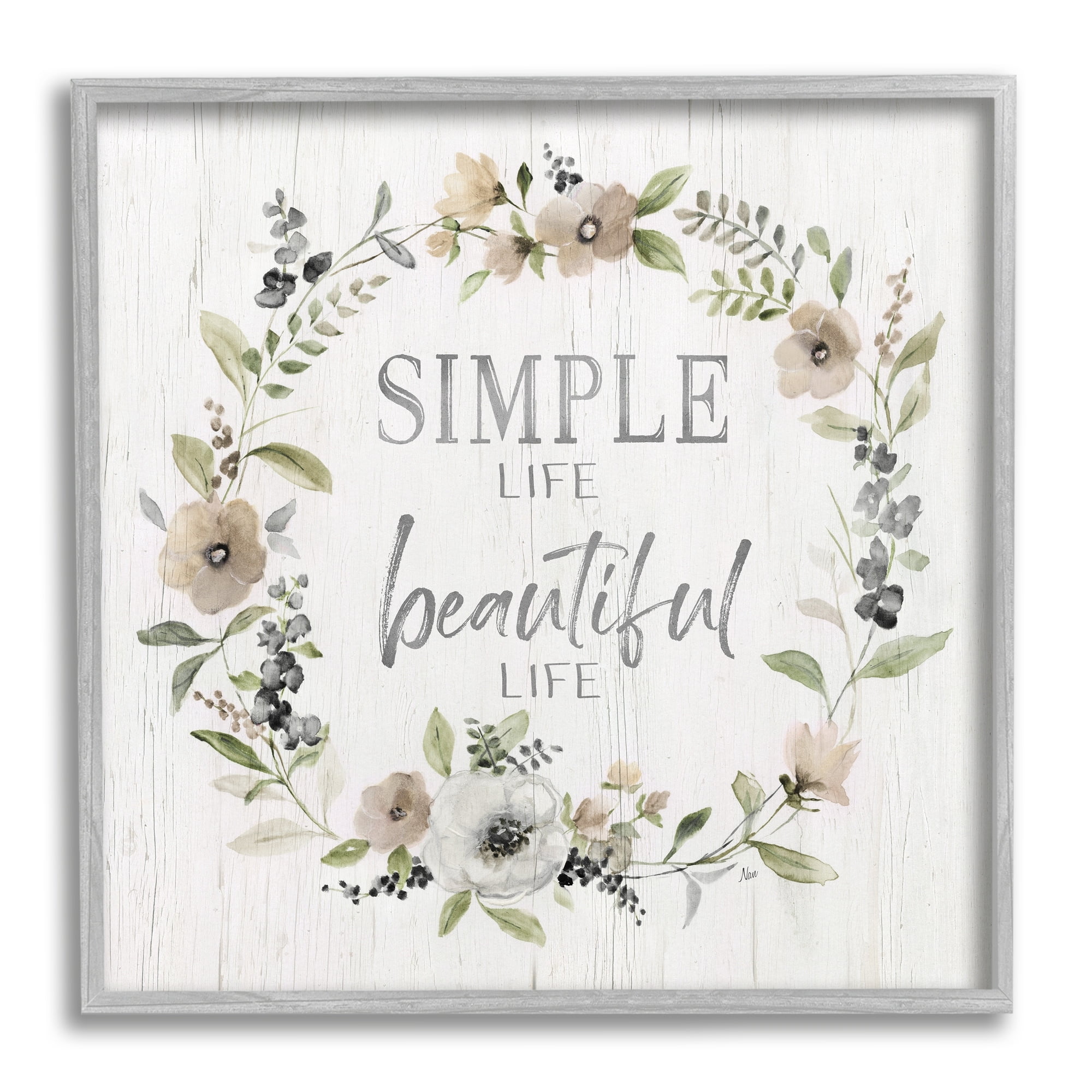Stupell Industries Simple Beautiful Life Uplifting Flower Blossoms Phrase Graphic Art Gray Framed Art Print Wall Art, Design by Nan