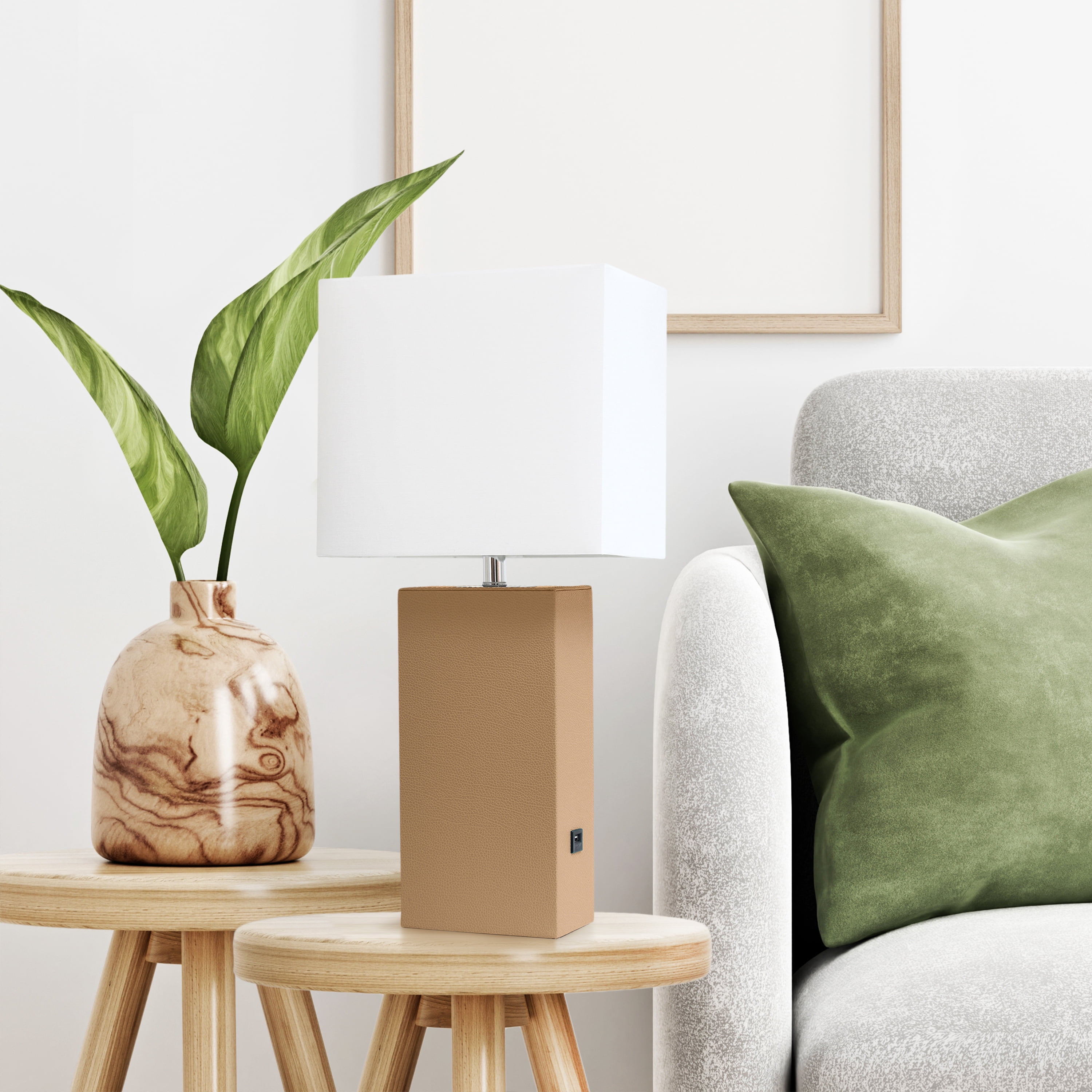 Lalia Home 21" Leather Modern Bedside Table Lamp with USB Port and LED Bulb, Beige