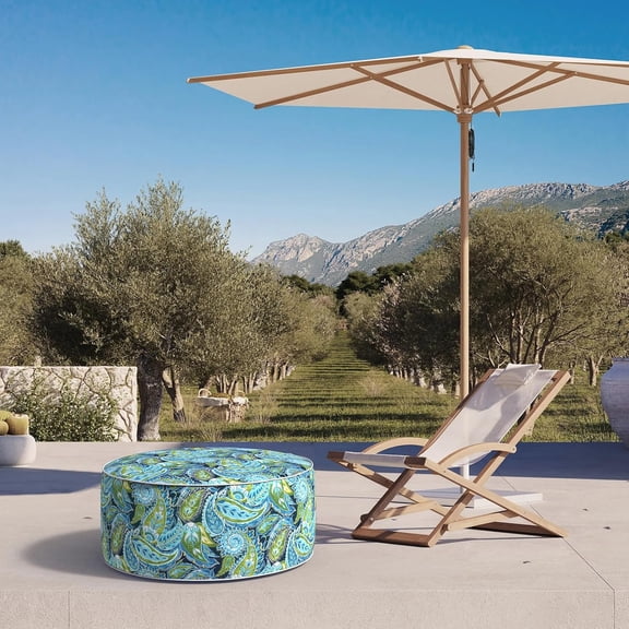 Inflatable Ottoman Stool D31 xH14 for Outdoor/Indoor Use, Water Repellent Foot with Portable Handle,Round Pouf Ottoman Suitable for Garden,Deck and Camping - Paisley Lapis Green