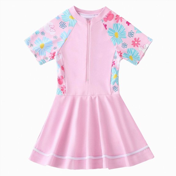 CAICJ98 Girls Swimsuit One Piece Skirted Swimsuit Short Sleeve Floral Rash Guard Bathing Suit for Girls Swim Dress Swimwear (Light Pink,11-12 Years)