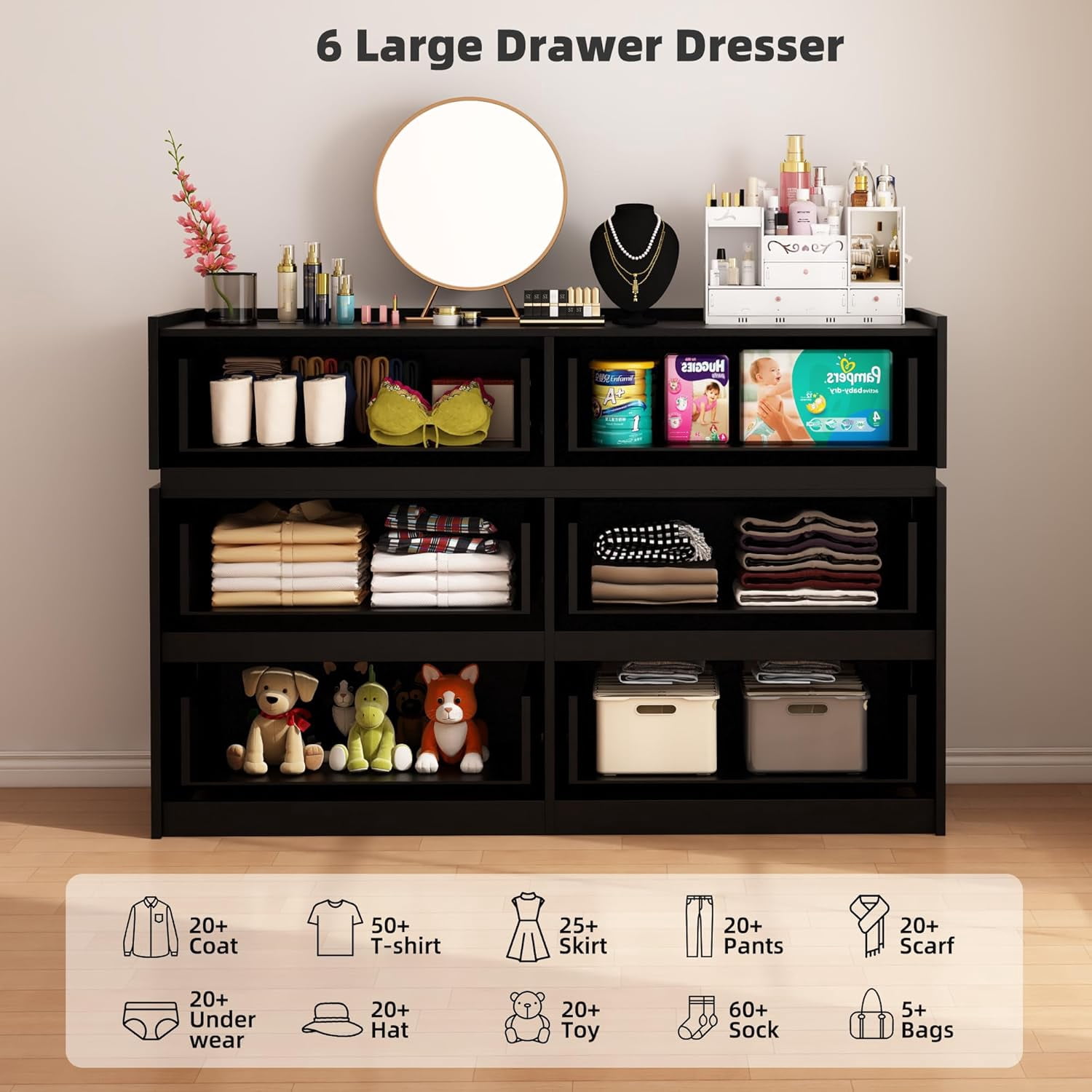 HAUXITIO 6 Drawer Dresser Chest with Charging Station and LED Lights for Bedroom, Modern TV Stand Cabinet, Black
