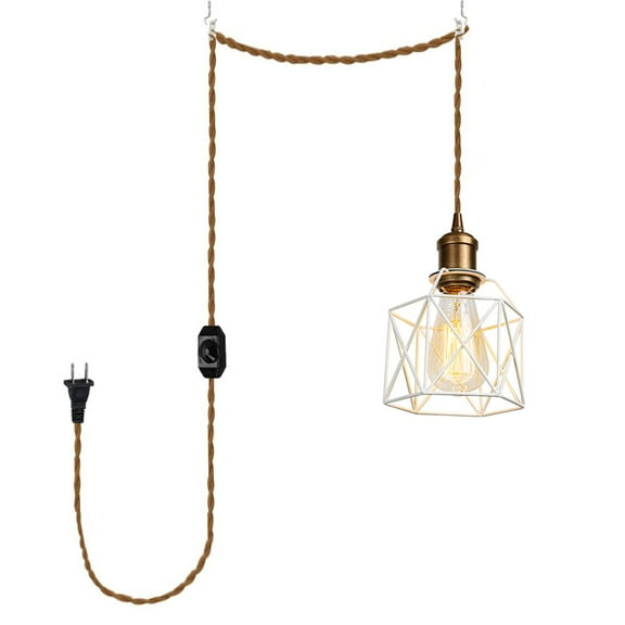 KAYYELAMP Dimmable Pendant Light Plug in Cord 15 Feet E26 Copper Base White Cage Shade Vintage Design Hanging Lamp for Bedroom Kitchen Stairs Counter(No Bulb)